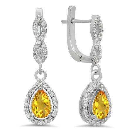 1.30 Carat (Ctw) 14K White Gold Pear Cut Citrine & Round Cut White Diamond Ladies Halo Style Dangling Drop Earrings