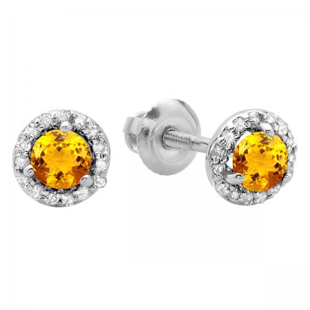0.50 Carat (Ctw) 10K White Gold Round Yellow Citrine & White Diamond Ladies Halo Style Stud Earrings 1/2 CT