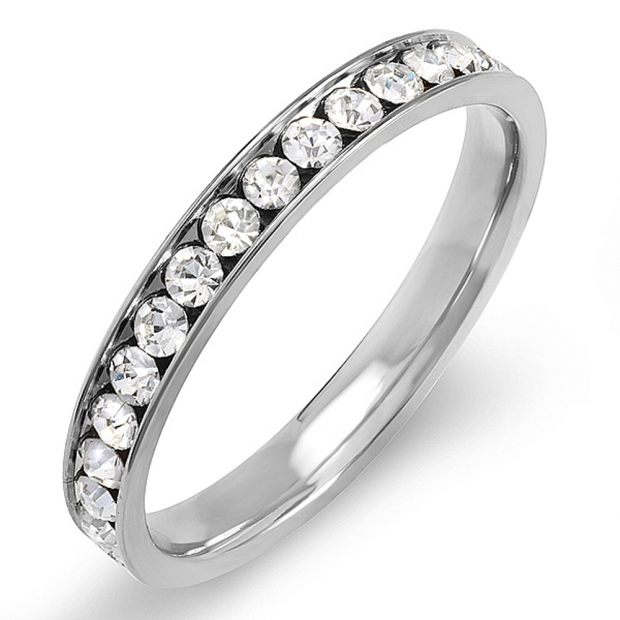 Stainless Steel 3 MM White Platinum Look Rhodium Plated Eternity Band with White Cubic Zirconia CZ Men