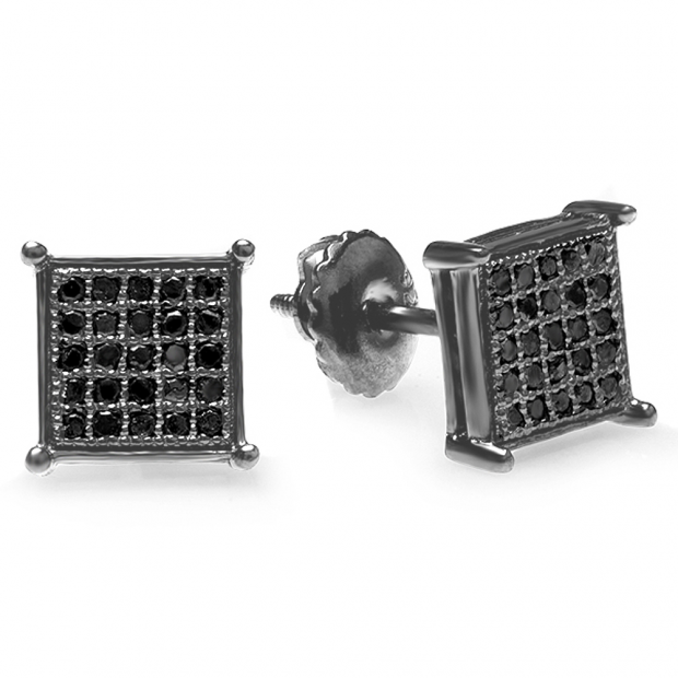 0.15 Carat (ctw) Black Rhodium Plated Sterling Silver Black Round Diamond Micro Pave Square Shape Hip Hop Iced Stud Earrings