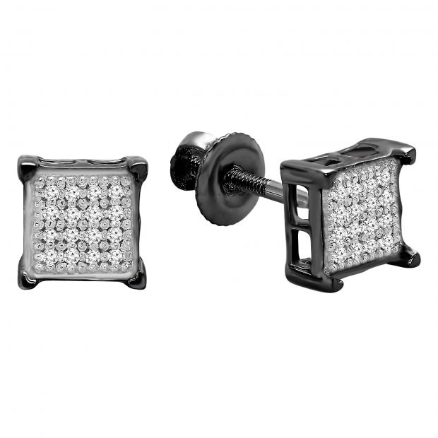 0.10 Carat (ctw) Black Rhodium Plated 10K White Gold Real Diamond V Prong Square Mens Hip Hop Iced Stud Earrings 1/10 CT