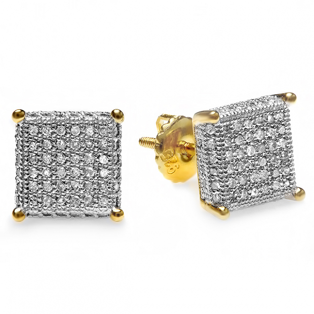 1 Carat Pave Diamond Stud Earrings 10K Yellow Gold Cube Shape