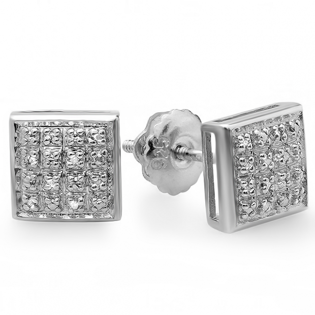 0.10 Carat (ctw) Platinum Plated Sterling Silver Real Diamond Square Shape Mens Hip Hop Iced Stud Earrings 1/10 CT