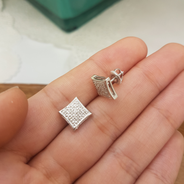 Men's 10K White Gold Diamond Stud Earrings - 0.10 CTW, Square Shape, Hip Hop Iced Style - View #10