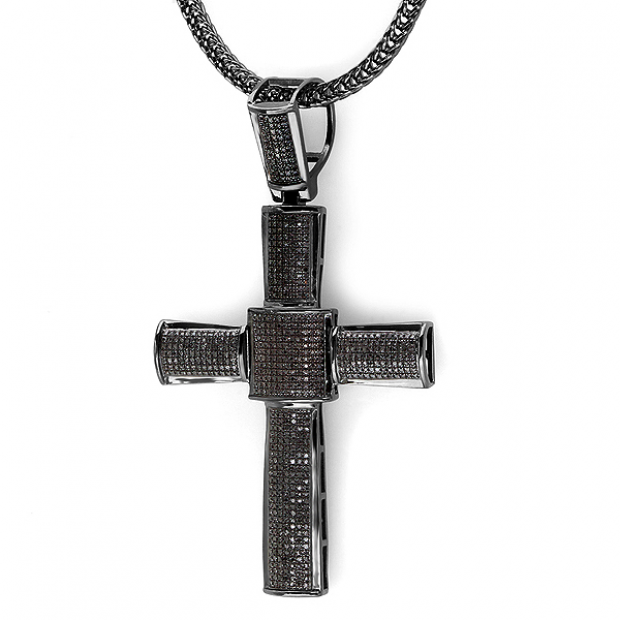 3.00 Carat (ctw) Sterling Silver Black Diamond Micro Pave Mens Hip Hop Style Religious Cross Pendant Necklace FREE CHAIN