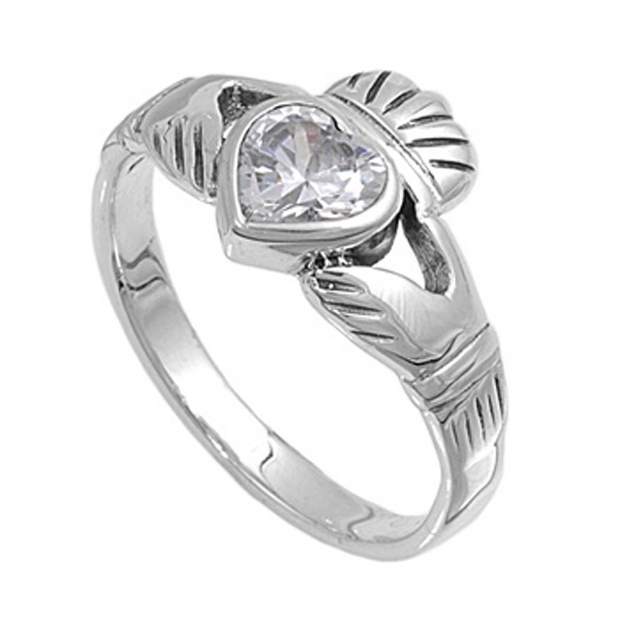 Sterling Silver Ladies Heart Shape Cubic Zirconia CZ Irish Friendship and Love Band Claddagh Ring (Available in size 6 7 8)