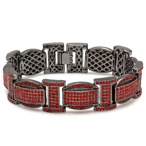 Black Plated Micro Pave Red CZ Cubic Zirconia Iced Blackout Mens Link Bracelet 0.78 inch wide 9 inch long