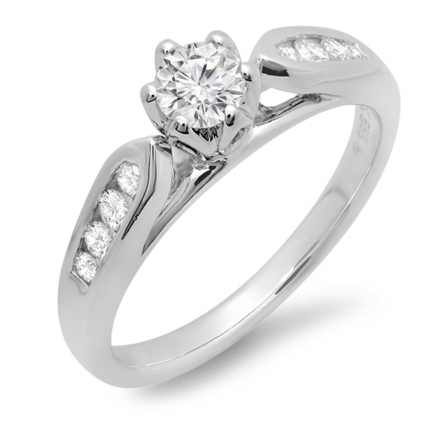 0.50 Carat (ctw) 14k White Gold Round Diamond Ladies Solitaire with Accents Bridal Engagement Ring