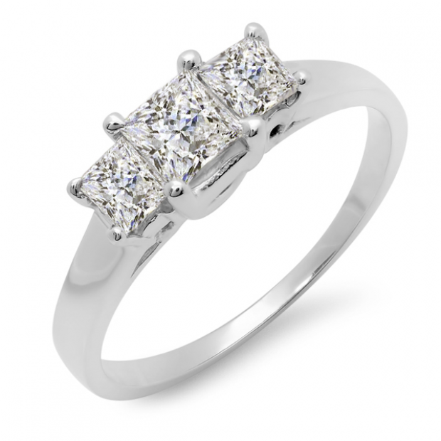 1.00 Carat (ctw) 14k White Gold Princess Cut Diamond Ladies Bridal Engagement Three Stone Ring