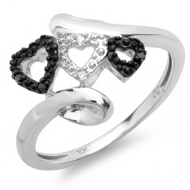 0.05 Carat (ctw) 10k White Gold Round Black and White Diamond Ladies Promise Three Hearts Love Engagement Two Tone Ring