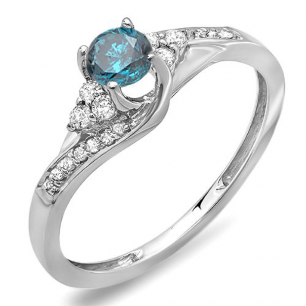 0.38 Carat (ctw) 18k White Gold Round White And Blue Diamond Ladies Swirl Bridal Engagement Ring