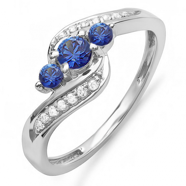 0.50 Carat 14K White Gold Blue Sapphire & Diamond 3-Stone Engagement Ring, Size 10 - View #6