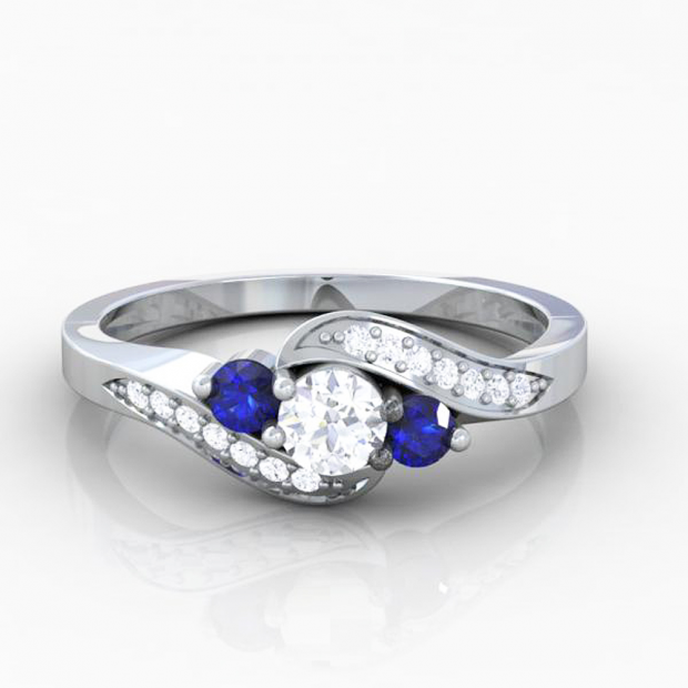 0.50 Carat 14K White Gold Blue Sapphire & Diamond 3-Stone Engagement Ring, Size 10 - View #3