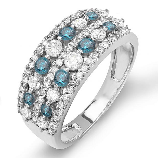 1.15 Carat (ctw) 14k White Gold Round Blue And White Diamond Ladies Anniversary Wedding Band Ring