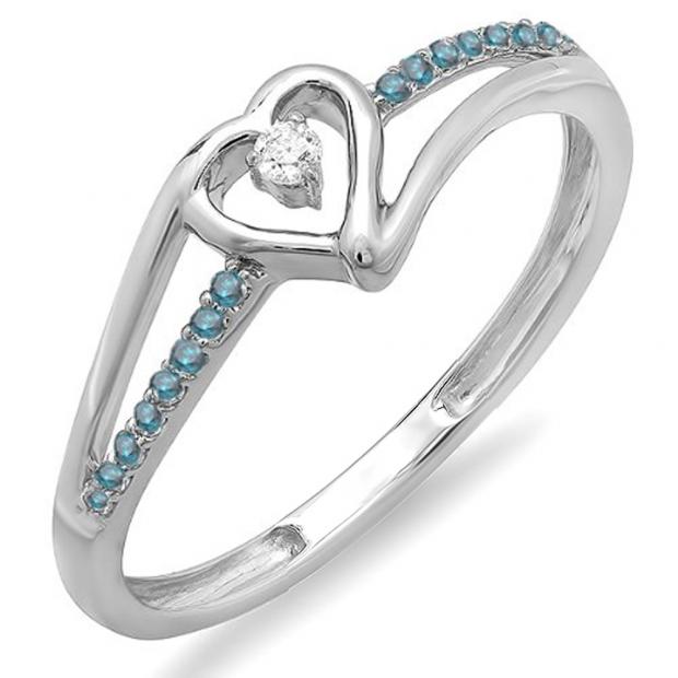 0.10 Carat (ctw) 14k White Gold Round Blue And White Diamond Ladies Bridal Promise Heart Split Shank Engagement Ring 1/10 CT