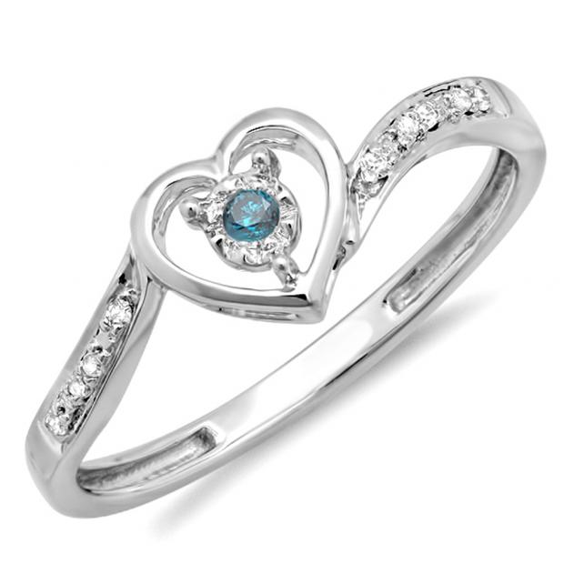 Dazzlingrock Collection 10kt White Gold Womens Round Blue Color Enhanced Diamond Small Heart Cluster Ring 1/10 ctw