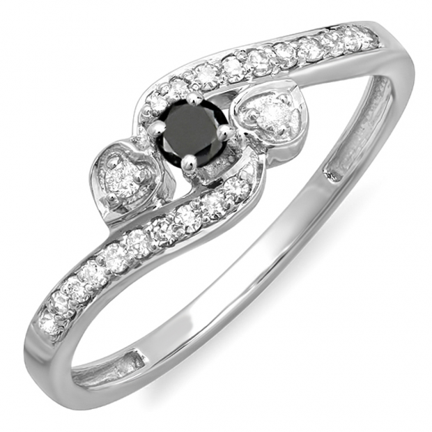 0.25 Carat (ctw) 10k White Gold Round Black And White Diamond Ladies Bridal Promise Heart 3 Stone Swirl Engagement Ring 1/4 CT