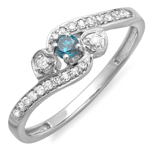 0.25 Carat (ctw) 10k White Gold Round Blue And White Diamond Ladies Bridal Promise Heart 3 Stone Swirl Engagement Ring 1/4 CT