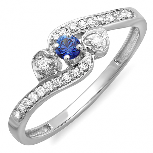 0.25 Carat (ctw) 18k White Gold Round Blue Sapphire And White Diamond Ladies Bridal Promise Heart 3 Stone Swirl Engagement Ring 1/4 CT