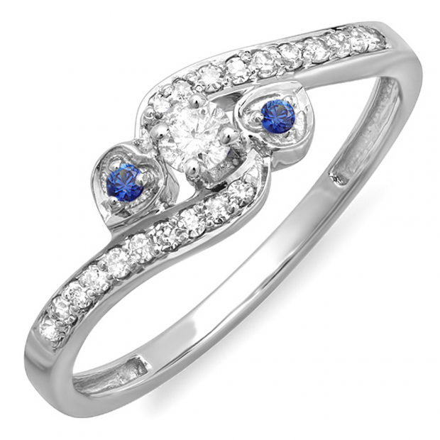 0.25 Carat (ctw) 14k White Gold Round Blue Sapphire And White Diamond Ladies Bridal Promise Heart 3 Stone Swirl Engagement Ring 1/4 CT