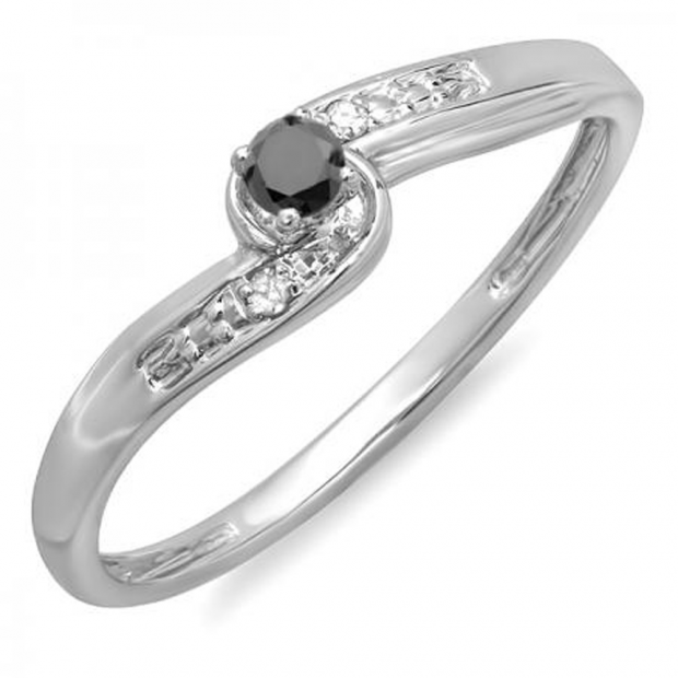 0.10 Carat (ctw) 14k White Gold Round Black And White Diamond Crossover Swirl Ladies Bridal Promise Engagement Ring 1/10 CT