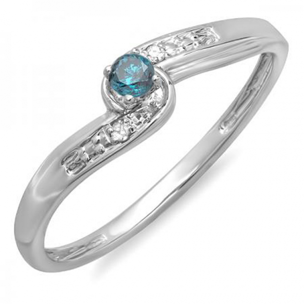 0.10 Carat (ctw) 18k White Gold Round Blue And White Diamond Crossover Swirl Ladies Bridal Promise Engagement Ring 1/10 CT