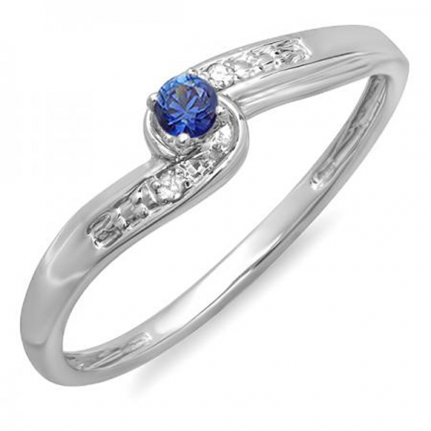 0.10 Carat (ctw) 14k White Gold Round Blue Sapphire And White Diamond Crossover Swirl Ladies Bridal Promise Engagement Ring 1/10 CT
