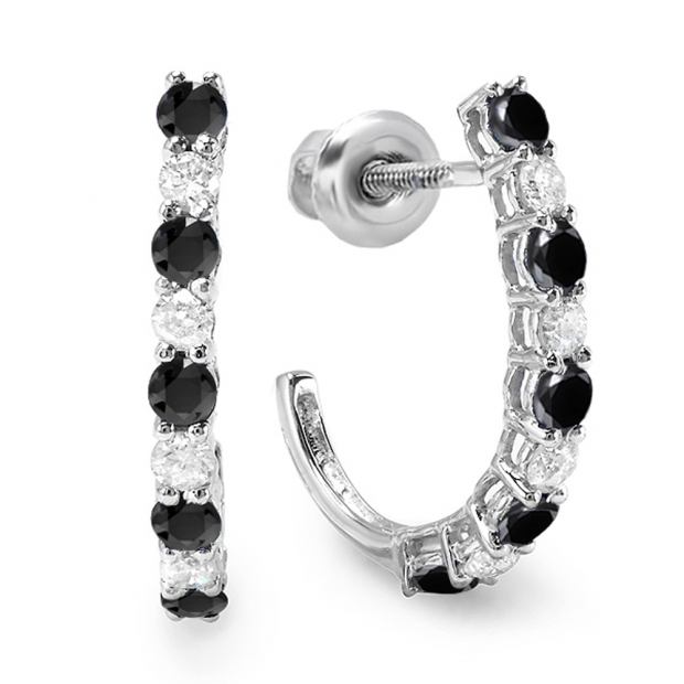 0.50 Carat (ctw) 14K White Gold Round Black & White Diamonds Ladies Fancy J Shaped Hoop Earrings 1/2 CT