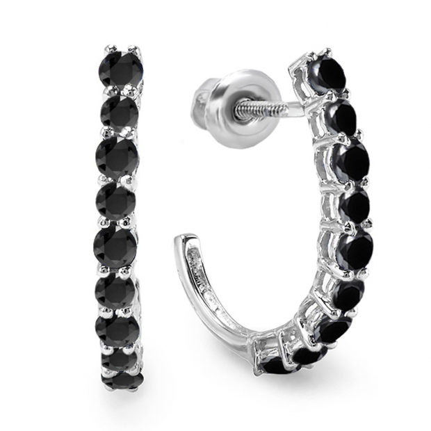 0.50 Carat (ctw) 14K White Gold Round Black Diamonds Ladies Fancy J Shaped Hoop Earrings 1/2 CT