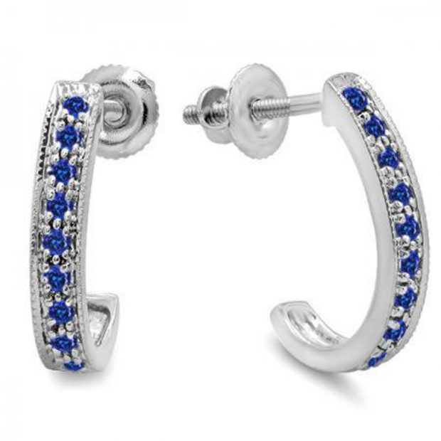 0.20 Carat (ctw) 14K White Gold Round Blue Sapphire Ladies Hoop Earrings