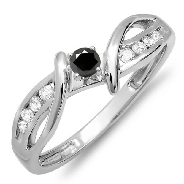 0.25 Carat (ctw) 18k White Gold Round Black And White Diamond Crossover Split Shank Ladies Bridal Promise Engagement Ring 1/4 CT