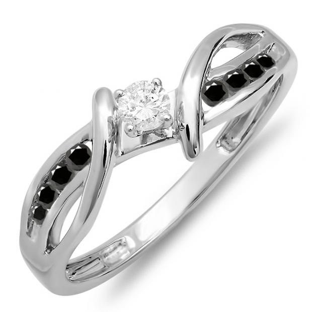 0.25 Carat (ctw) 14k White Gold Round Black And White Diamond Crossover Split Shank Ladies Bridal Promise Engagement Ring 1/4 CT
