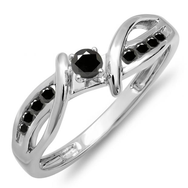 0.25 Carat (ctw) 10k White Gold Round Black Diamond Crossover Split Shank Ladies Bridal Promise Engagement Ring 1/4 CT