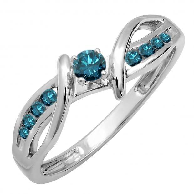 0.25 Carat (ctw) 18k White Gold Round Blue Diamond Crossover Split Shank Ladies Bridal Promise Engagement Ring 1/4 CT