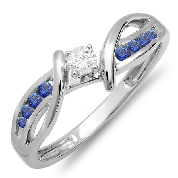 0.25 Carat (ctw) 14k White Gold Round Blue Sapphire And White Diamond Crossover Split Shank Ladies Bridal Promise Engagement Ring 1/4 CT