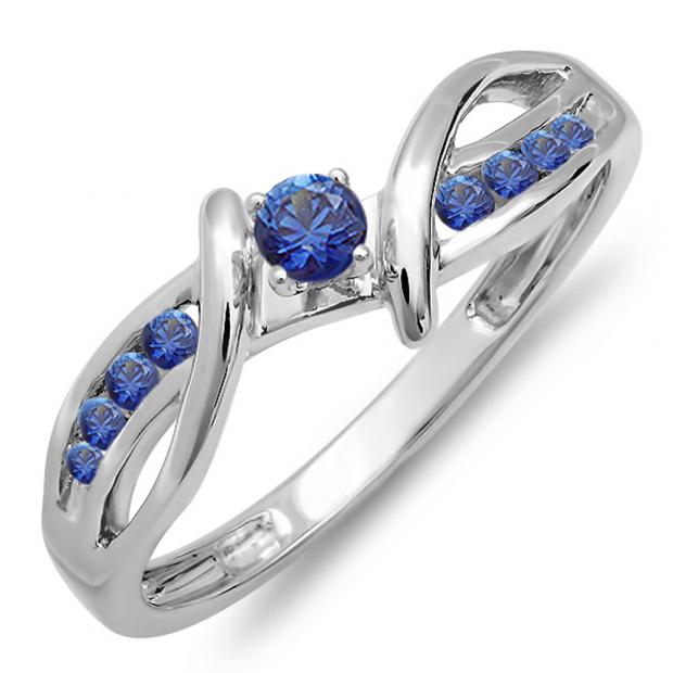 0.25 Carat (ctw) 18k White Gold Round Blue Sapphire Crossover Split Shank Ladies Bridal Promise Engagement Ring 1/4 CT