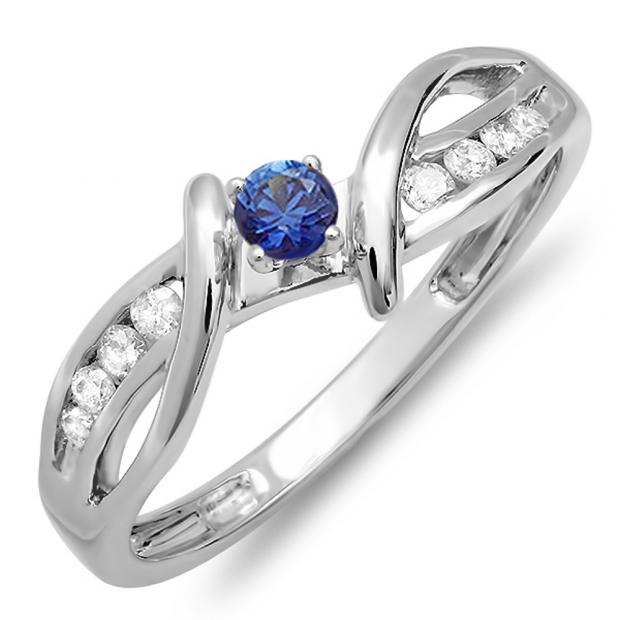 0.25 Carat (ctw) 14k White Gold Round Blue Sapphire And White Diamond Crossover Split Shank Ladies Bridal Promise Engagement Ring 1/4 CT