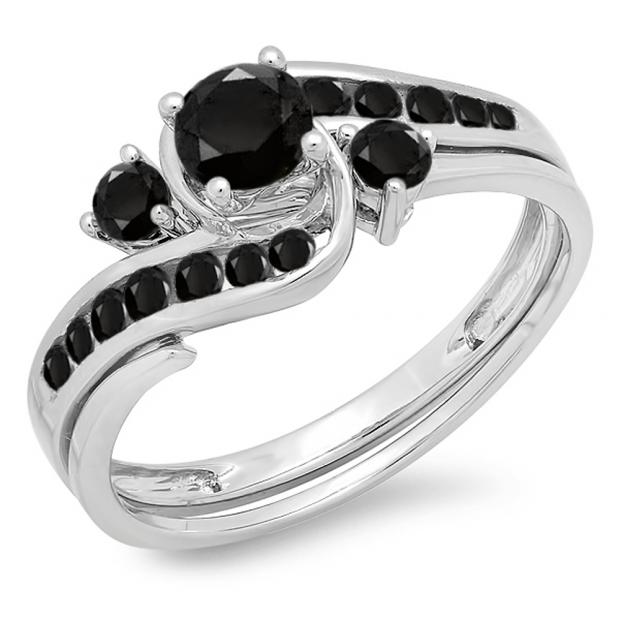0.90 Carat (ctw) 10k White Gold Round Black Diamond Ladies Swirl Bridal Engagement Ring Matching Band Set