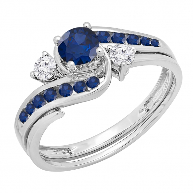 White Gold Dazzlingrock Collection 18K Blue Sapphire and White Diamond Engagement Ring Set