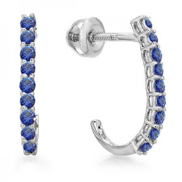 0.40 Carat (ctw) 10K White Gold Round Blue sapphire Ladies Fancy J Shaped Hoop Earrings