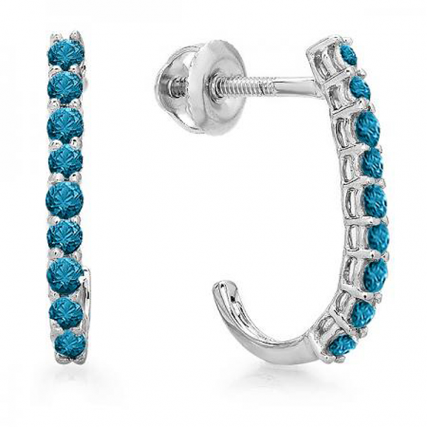0.40 Carat (ctw) 14K White Gold Round Blue Diamond Ladies Fancy J Shaped Hoop Earrings