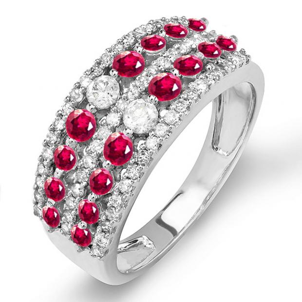1.15 Carat (ctw) 10k White Gold Round Ruby And White Diamond Ladies Anniversary Wedding Band Ring