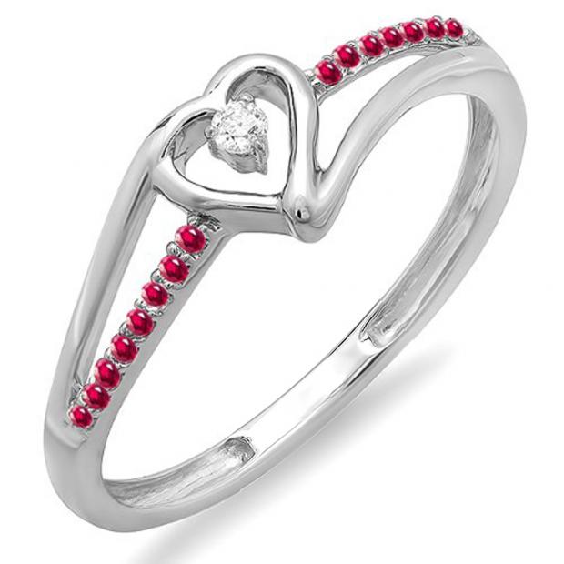 0.10 Carat (ctw) 18k White Gold Round Ruby And White Diamond Ladies Bridal Promise Heart Split Shank Engagement Ring 1/10 CT