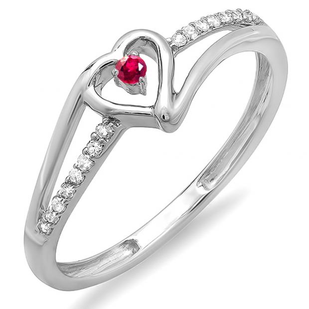 0.10 Carat (ctw) 10k White Gold Round Ruby And White Diamond Ladies Bridal Promise Heart Split Shank Engagement Ring 1/10 CT