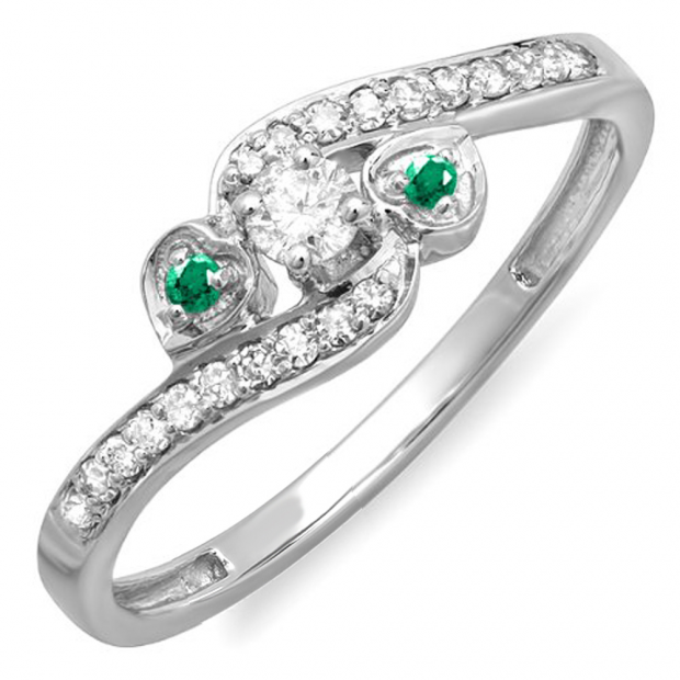 0.25 Carat (ctw) 10k White Gold Round Green Emerald And White Diamond Ladies Bridal Promise Heart 3 Stone Swirl Engagement Ring 1/4 CT