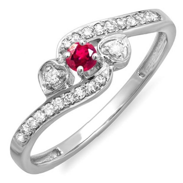0.25 Carat (ctw) 10k White Gold Round Ruby And White Diamond Ladies Bridal Promise Heart 3 Stone Swirl Engagement Ring 1/4 CT