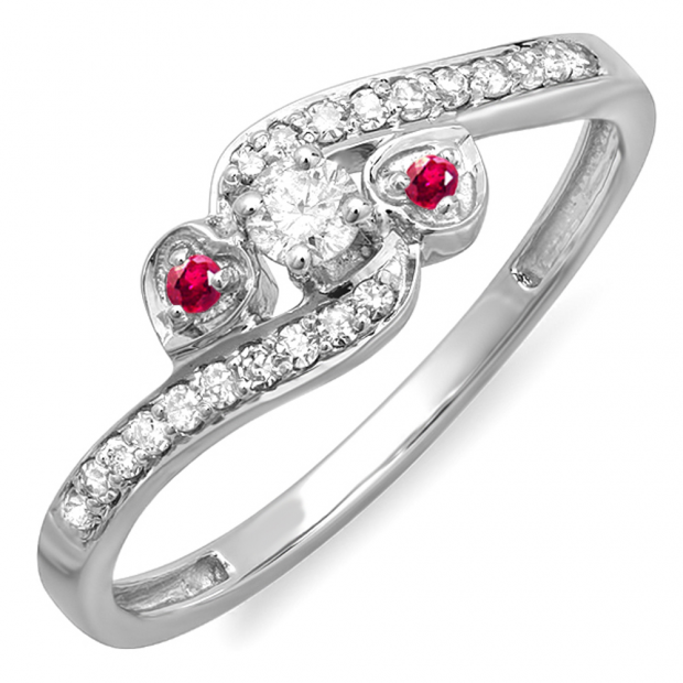 0.25 Carat (ctw) 14k White Gold Round Ruby And White Diamond Ladies Bridal Promise Heart 3 Stone Swirl Engagement Ring 1/4 CT