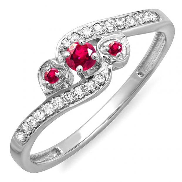 0.25 Carat (ctw) 14k White Gold Round Ruby And White Diamond Ladies Bridal Promise Heart 3 Stone Swirl Engagement Ring 1/4 CT
