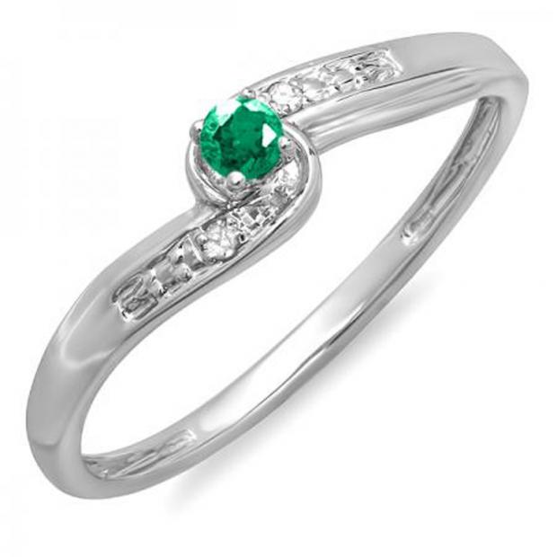0.10 Carat (ctw) 14k White Gold Round Green Emerald And White Diamond Crossover Swirl Ladies Bridal Promise Engagement Ring 1/10 CT