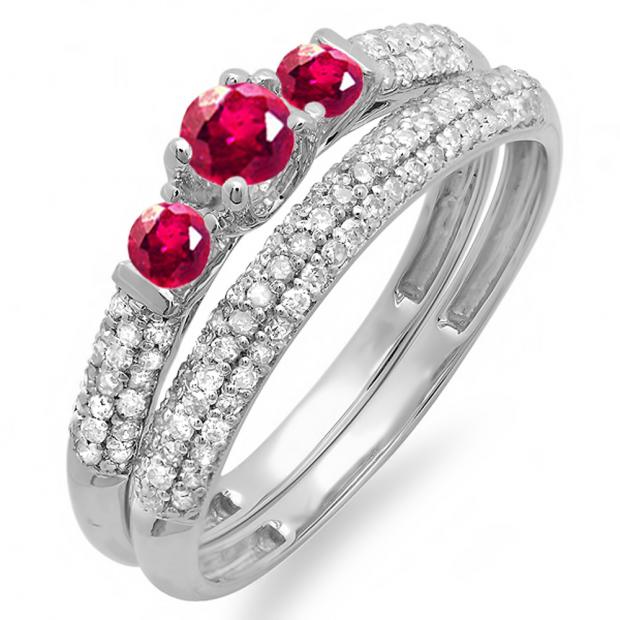 Dazzlingrock Collection 10K Gold Round Ruby & White Diamond Ladies Bridal Engagement Ring Band Set 